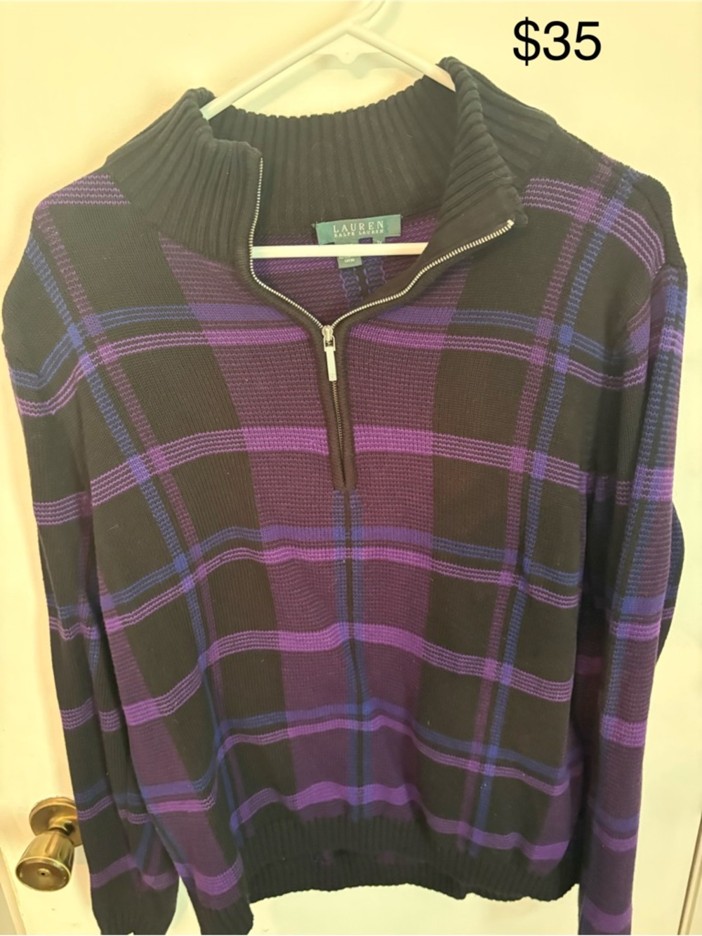 Ralph Lauren Black and Purple Plaid Zip-Up Sweater